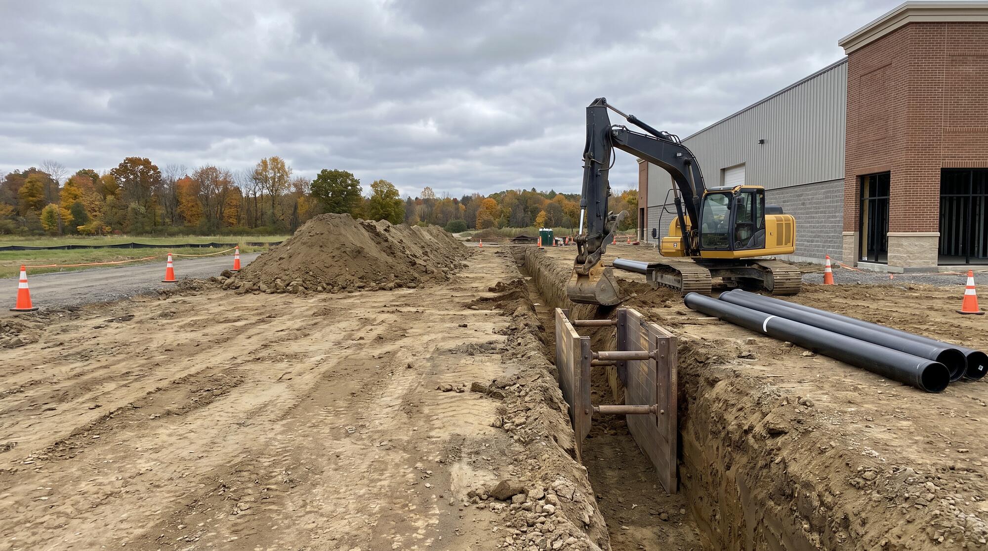 Excavator digging a utility trench with a trench box beside a new commercial building, pipe staged alongside